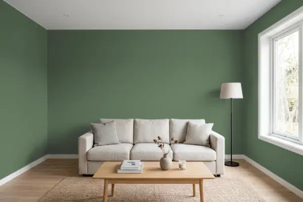 Living room with walls painted Benjamin Moore Peale Green HC-121 (simulated)