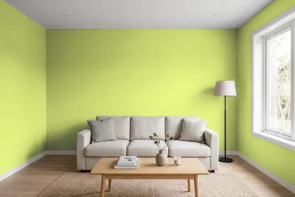 Living room with walls painted Benjamin Moore Pear Green 2028-40 (simulated)