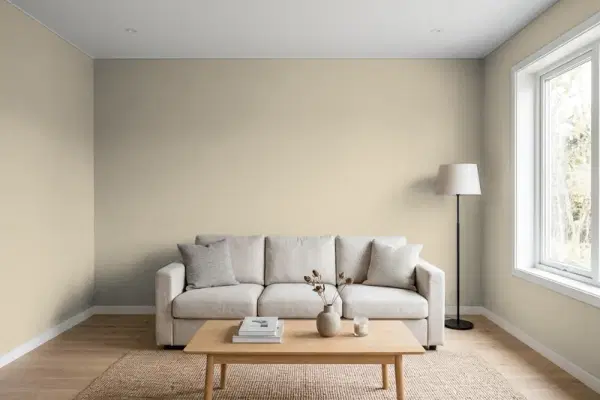 Living room with walls painted Behr Pebble Stone 750D-4 (simulated)