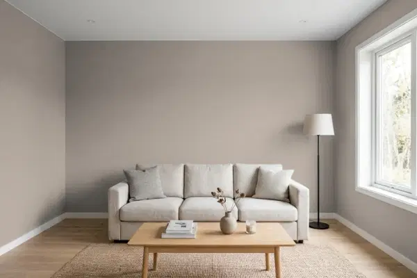 Living room with walls painted Behr Pebbled Path PPF-31 (simulated)