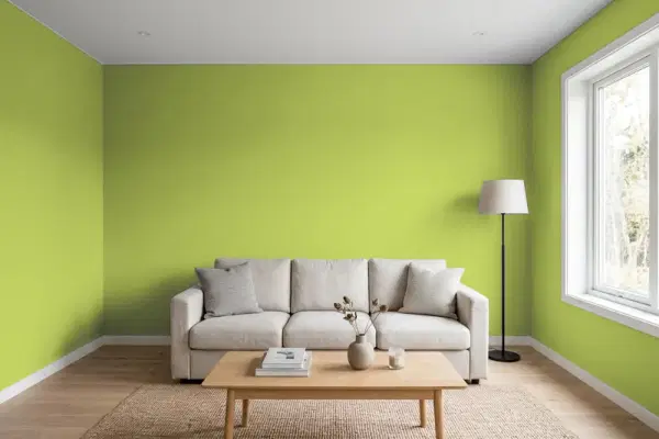 Living room with walls painted Benjamin Moore Perennial 405 (simulated)