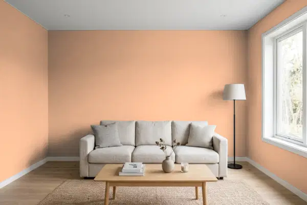 Living room with walls painted Valspar Perfect Peach 2006-6A (simulated)