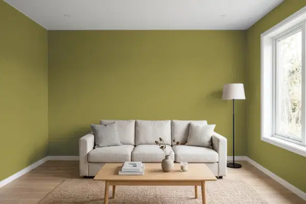 Living room with walls painted Benjamin Moore Perfectly Pesto CSP-895 (simulated)