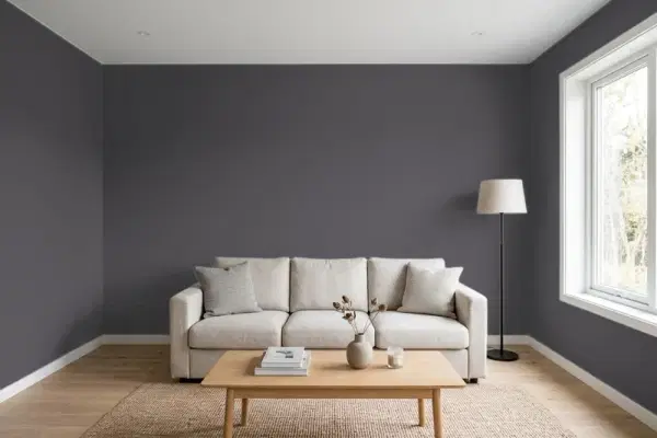 Living room with walls painted Sherwin-Williams Perle Noir SW 9154 (simulated)