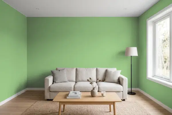 Living room with walls painted Behr Pesto 440D-5 (simulated)