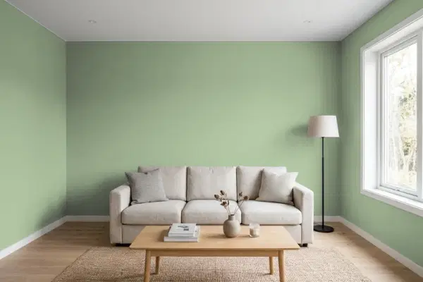 Living room with walls painted Behr Pesto Green PPU11-05 (simulated)