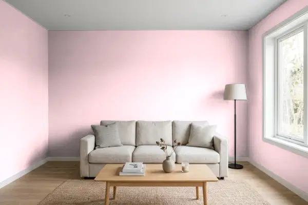 Living room with walls painted Behr Petal Bloom 110C-1 (simulated)
