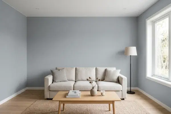Living room with walls painted Benjamin Moore Pewter 2121-30 (simulated)