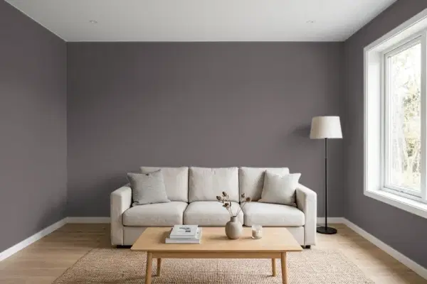 Living room with walls painted PPG Paints Phantom Hue 1004-6 (simulated)