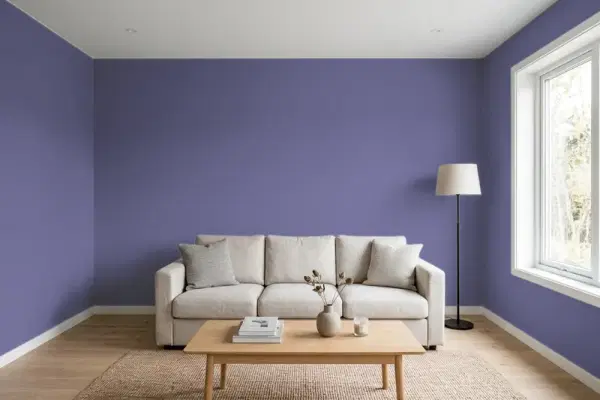 Living room with walls painted Behr Pharaoh Purple 640D-7 (simulated)