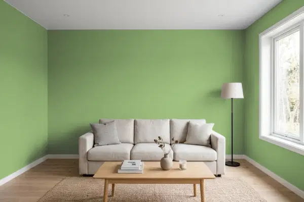 Living room with walls painted Sherwin-Williams Pickle SW 6725 (simulated)