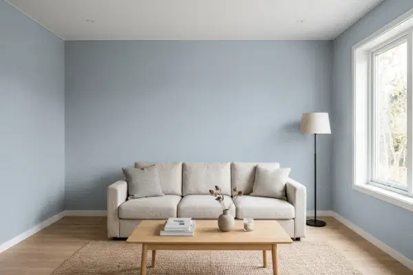 Living room with walls painted Benjamin Moore Pilgrim Haze 2132-50 (simulated)