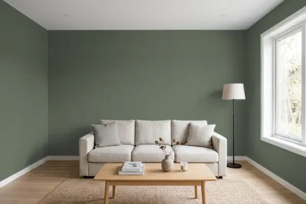 Living room with walls painted Behr Pine Cone Pass T13-16 (simulated)