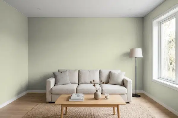 Living room with walls painted PPG Paints Pine Crush 1028-3 (simulated)