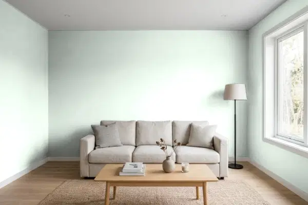 Living room with walls painted PPG Paints Pine Frost 1134-3 (simulated)