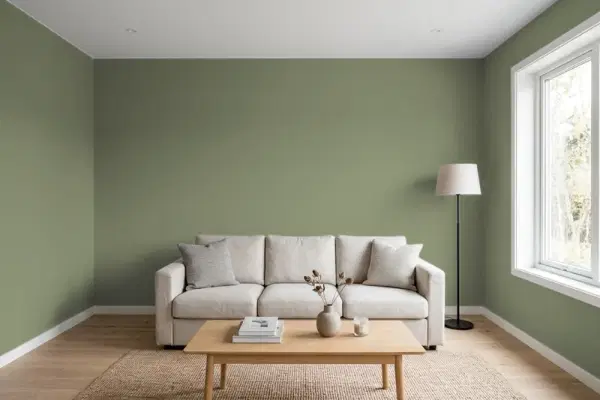 Living room with walls painted PPG Paints Pine Garland 1126-6 (simulated)