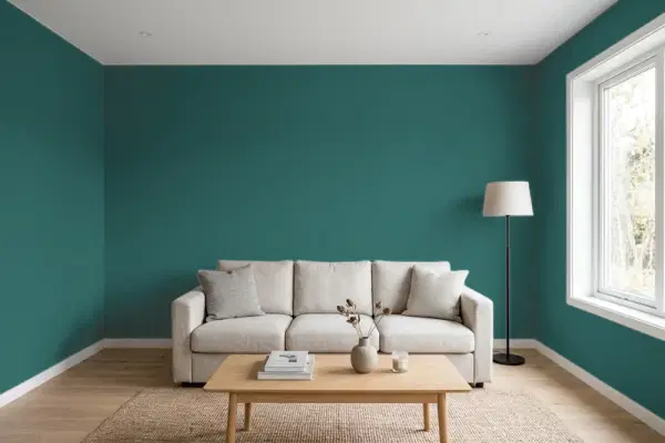 Living room with walls painted Benjamin Moore Pine Green 2051-20 (simulated)