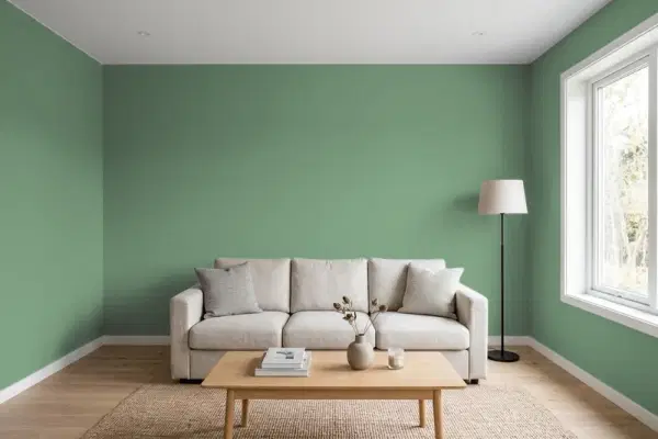 Living room with walls painted Valspar Pine Green 5006-6B (simulated)