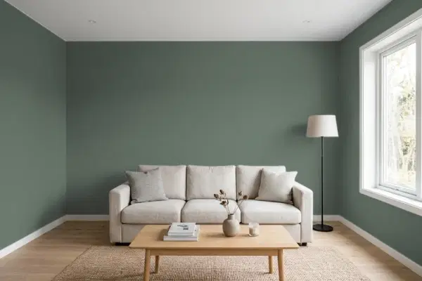 Living room with walls painted Behr Pine Mountain N420-6 (simulated)