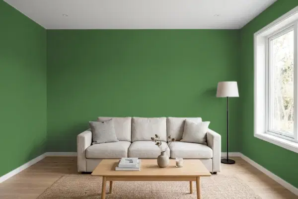 Living room with walls painted Behr Pine Scent S-H-440 (simulated)