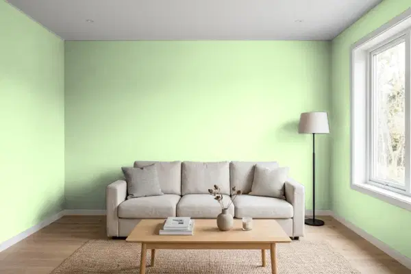 Living room with walls painted Benjamin Moore Pine Sprigs 423 (simulated)