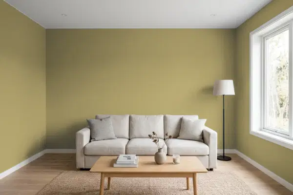 Living room with walls painted PPG Paints Pineapple Sage 1111-5 (simulated)