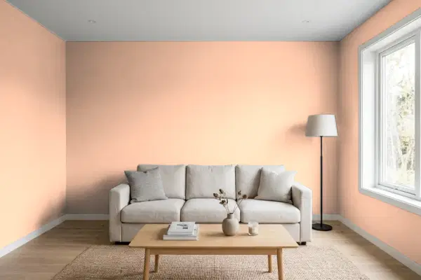 Living room with walls painted Behr Pink Beach 230C-3 (simulated)
