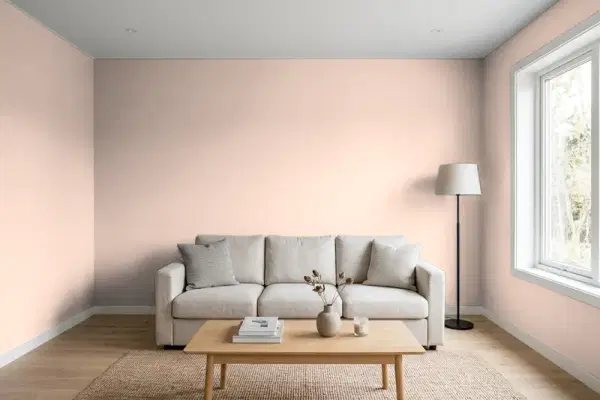 Living room with walls painted Benjamin Moore Pink Beach 1172 (simulated)