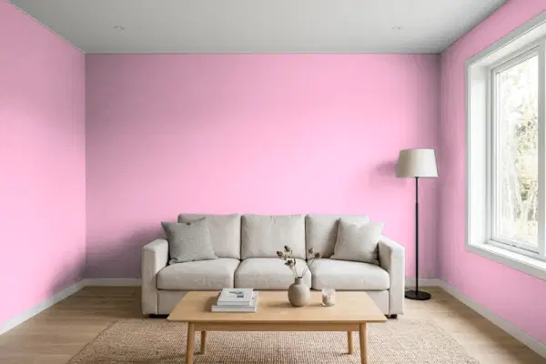 Living room with walls painted Benjamin Moore Pink Begonia 2078-50 (simulated)