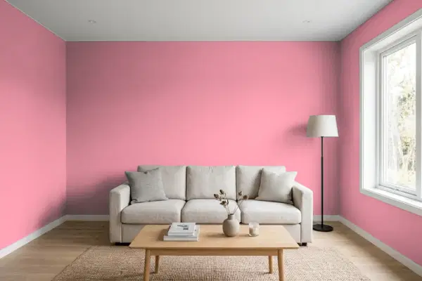 Living room with walls painted Benjamin Moore Pink Blossom 2081-40 (simulated)