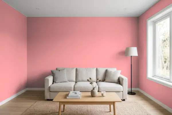 Living room with walls painted Benjamin Moore Pink Buff 1285 (simulated)