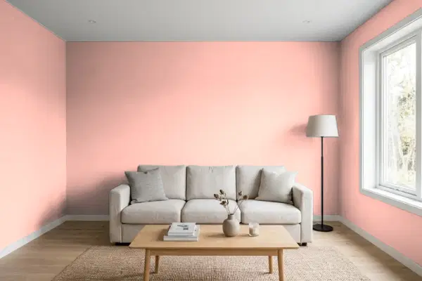 Living room with walls painted Benjamin Moore Pink Canopy 010 (simulated)