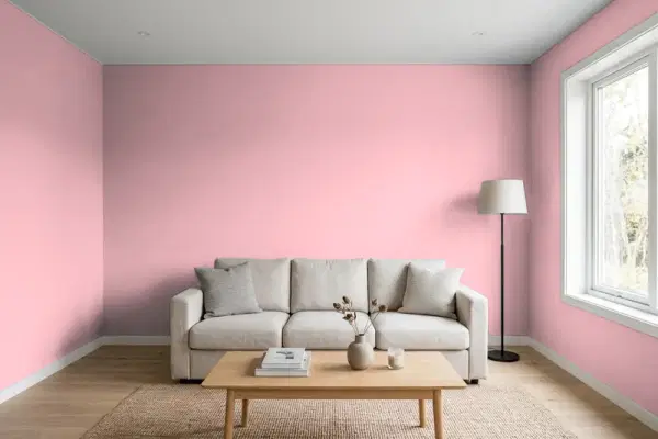 Living room with walls painted Benjamin Moore Pink Eraser 2005-50 (simulated)