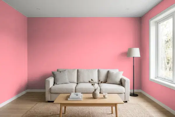 Living room with walls painted PPG Paints Pink Flambe 1186-4 (simulated)