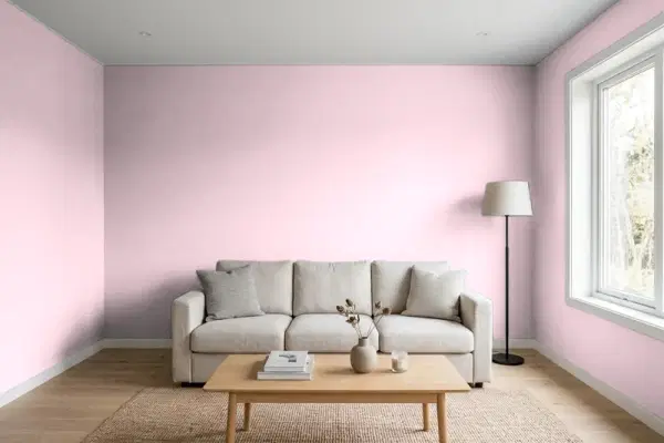 Living room with walls painted Benjamin Moore Pink Innocence 2082-60 (simulated)