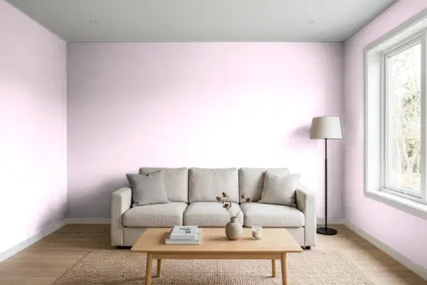Living room with walls painted Valspar Pink Mist 1001-2C (simulated)