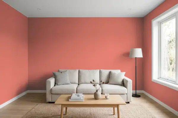 Living room with walls painted Benjamin Moore Pink Mix 2089-30 (simulated)