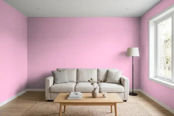 Living room with walls painted Benjamin Moore Pink Pansy 2083-50 (simulated)