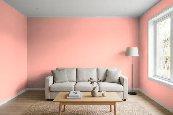 Living room with walls painted Benjamin Moore Pink Paradise 003 (simulated)