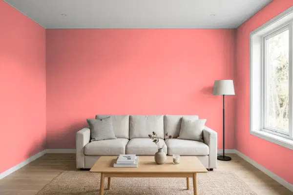Living room with walls painted Benjamin Moore Pink Peach 2009-40 (simulated)