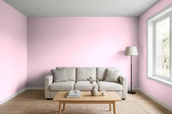 Living room with walls painted Benjamin Moore Pink Petals 2085-60 (simulated)