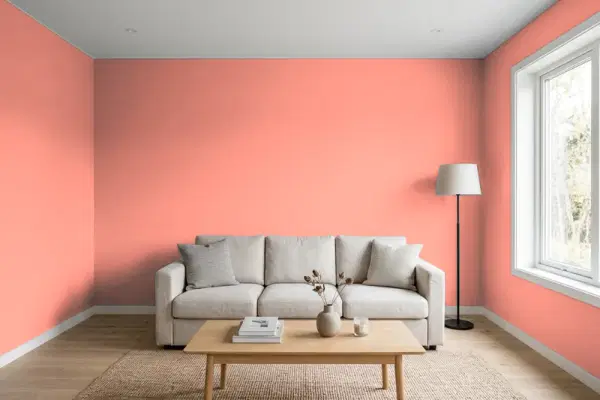 Living room with walls painted Benjamin Moore Pink Polka Dot 004 (simulated)