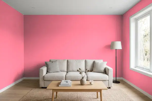 Living room with walls painted Benjamin Moore Pink Popsicle 2001-40 (simulated)