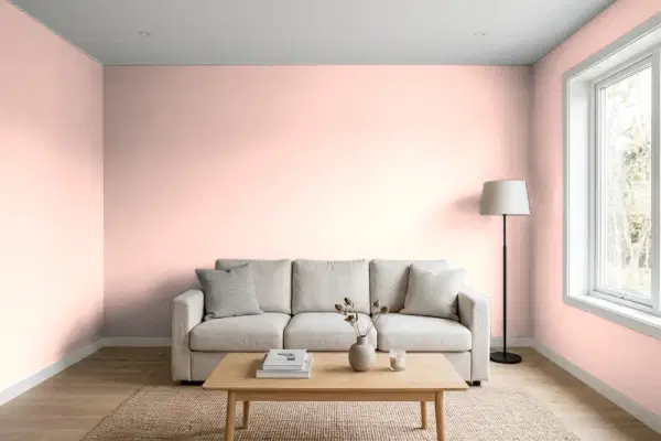 Living room with walls painted Benjamin Moore Pink Powderpuff 001 (simulated)