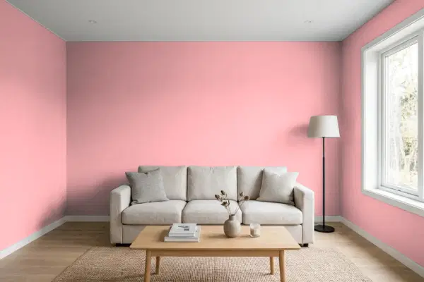 Living room with walls painted Benjamin Moore Pink Punch 2006-50 (simulated)