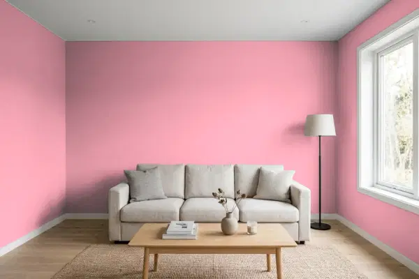 Living room with walls painted Benjamin Moore Pink Ribbon 1340 (simulated)