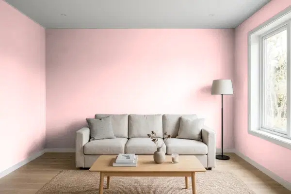 Living room with walls painted Benjamin Moore Pink Seashell 2009-60 (simulated)