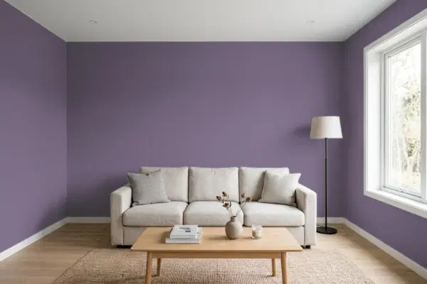 Living room with walls painted Benjamin Moore Pinot Grigio Grape CSP-460 (simulated)