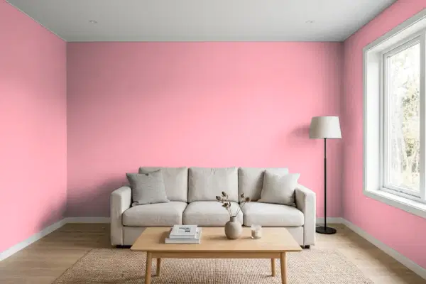 Living room with walls painted Behr Pinque P150-3 (simulated)