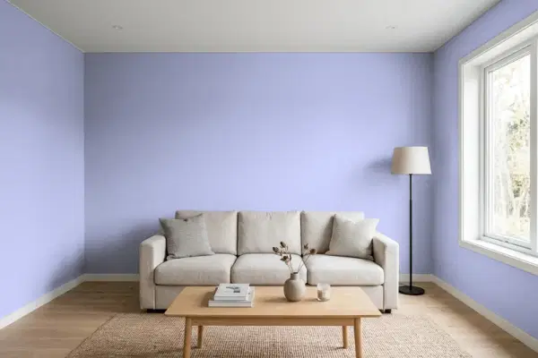 Living room with walls painted Behr Pixie Violet 620B-4 (simulated)